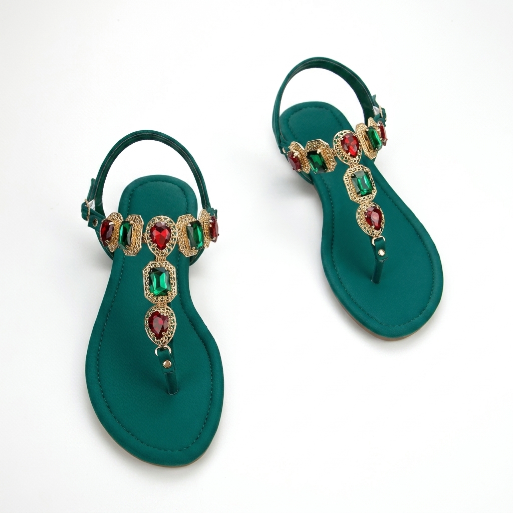 Stylish Emerald Green Embellished Flat Sandals for Women