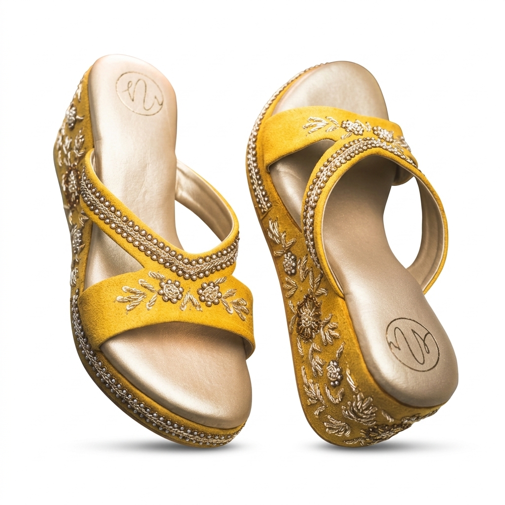 Mustard Yellow Embroidered Wedge Sandals