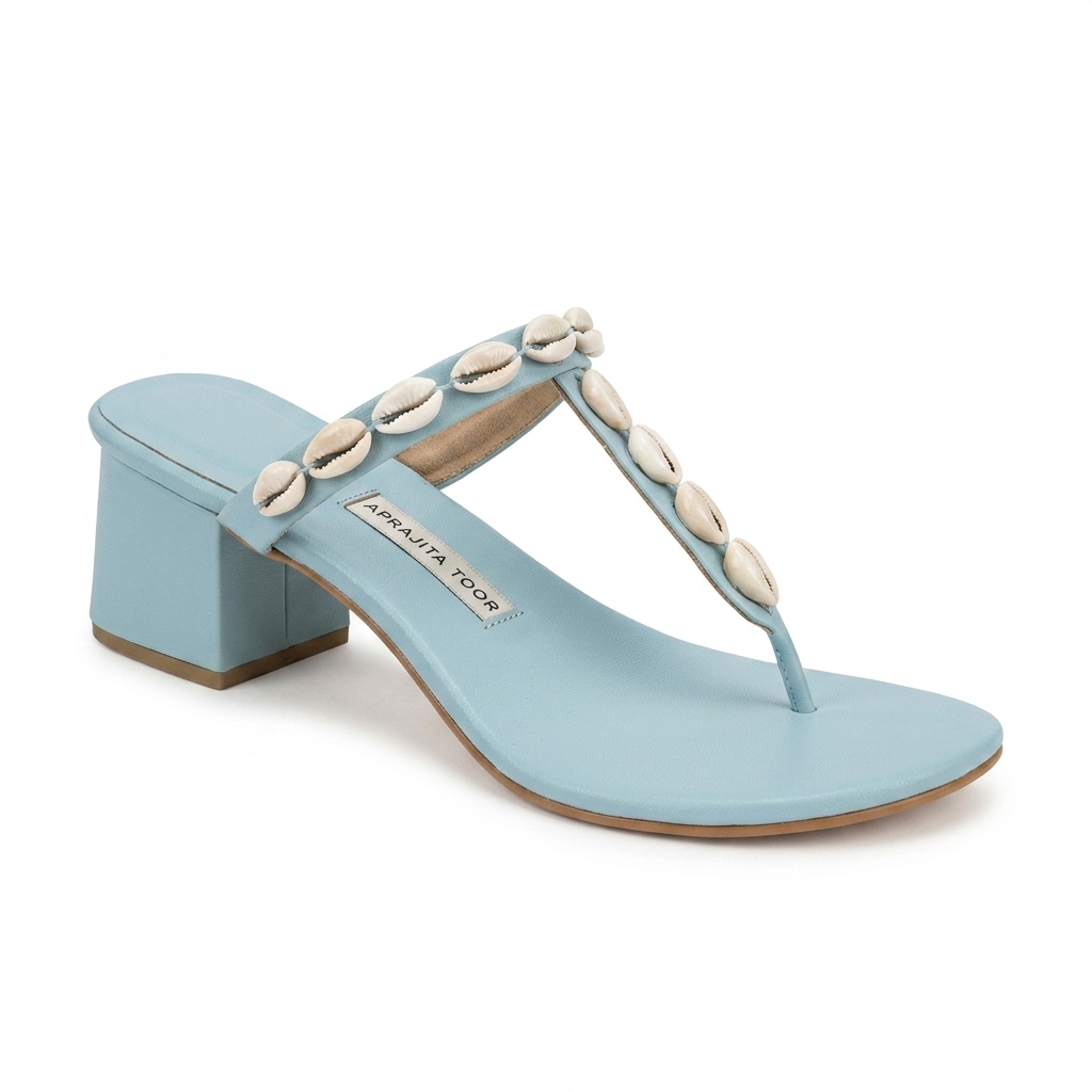 Sky Blue Cowrie Shell Block Heel Sandals for Women