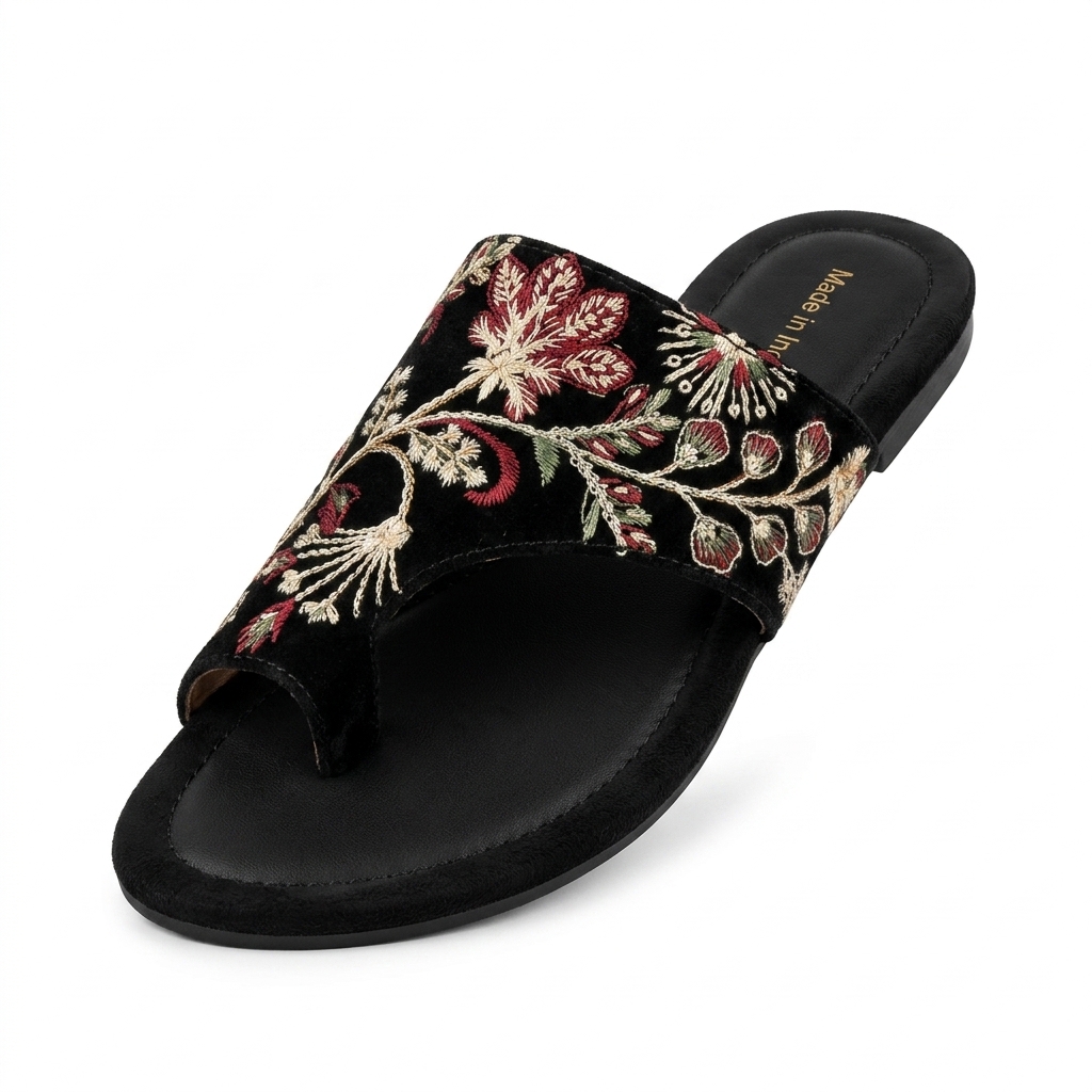 Embroidered Velvet Toe-Ring Flat Sandals for Women