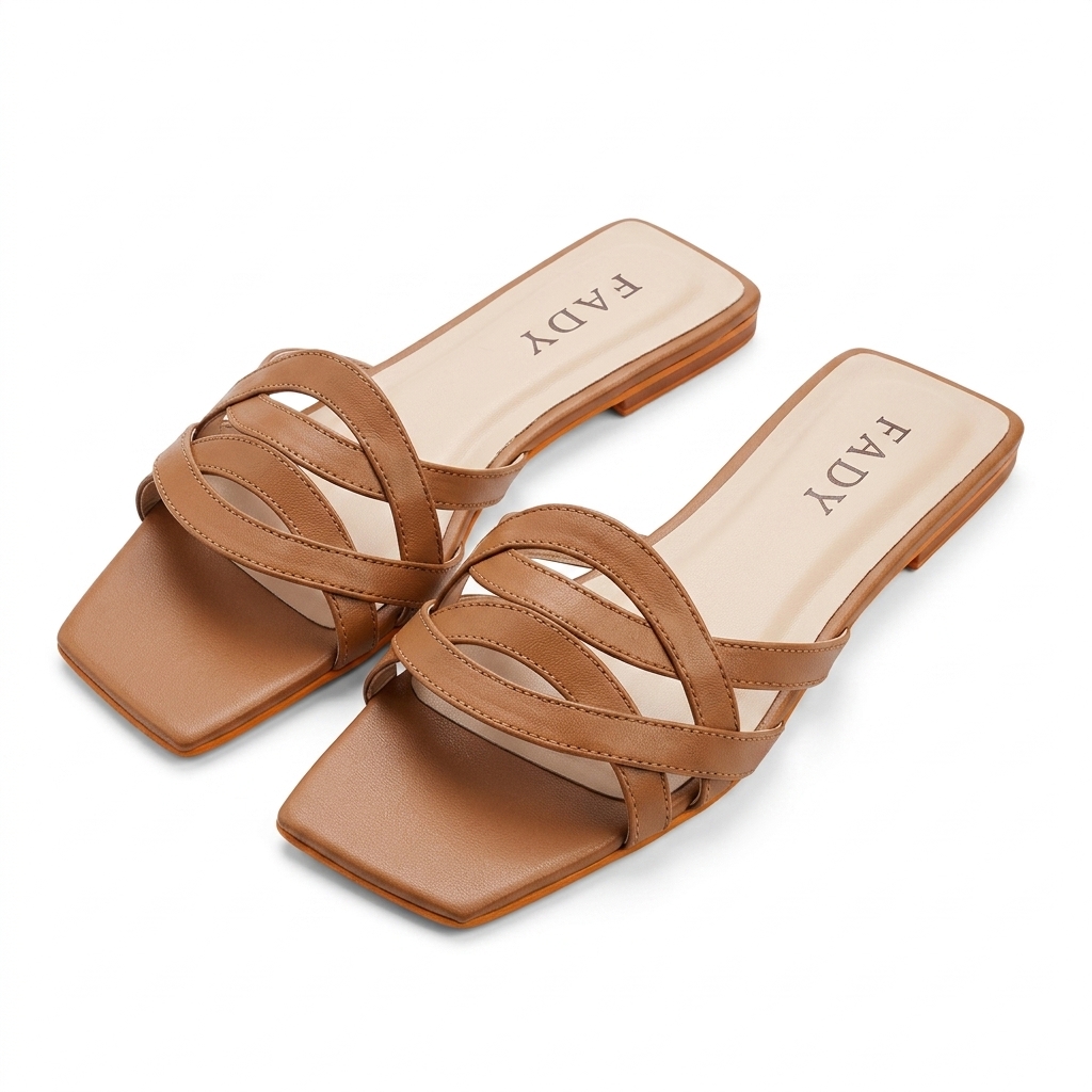 Women's Tan Flat Sandals with Square Toe