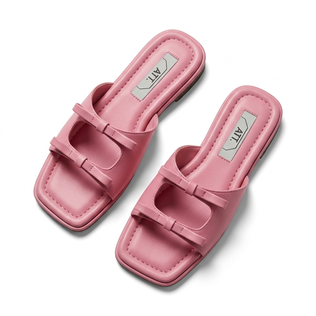 Stylish Pink Bow Square Toe Flat Slides for Women