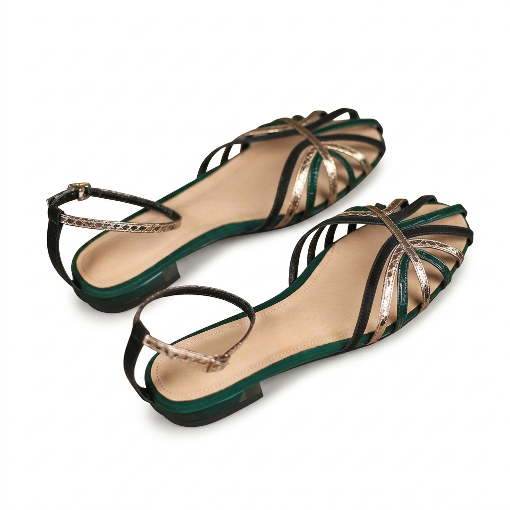 Women's Stylish Green Gold Flat Sandals