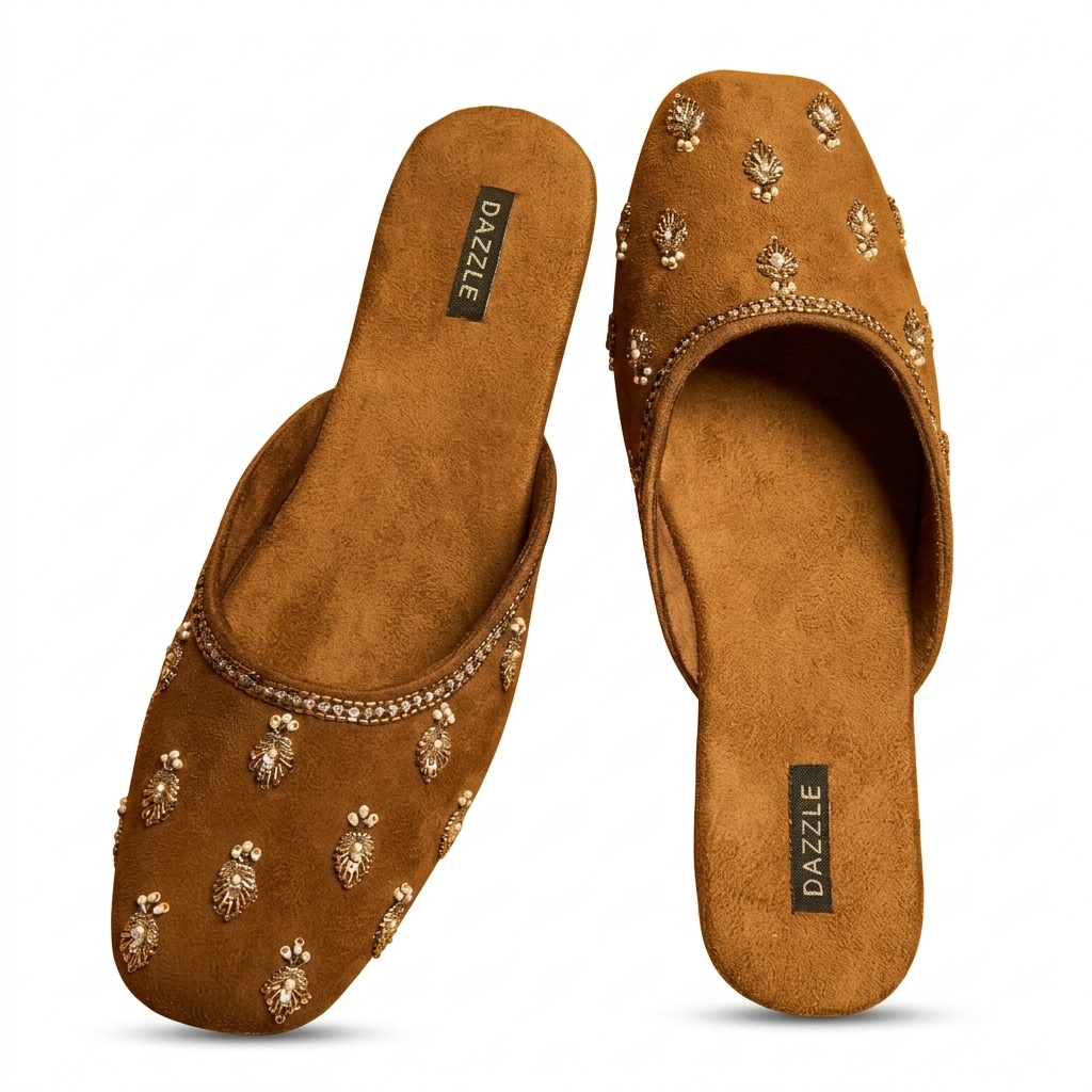 Tan Embroidered Flat Mules for Women