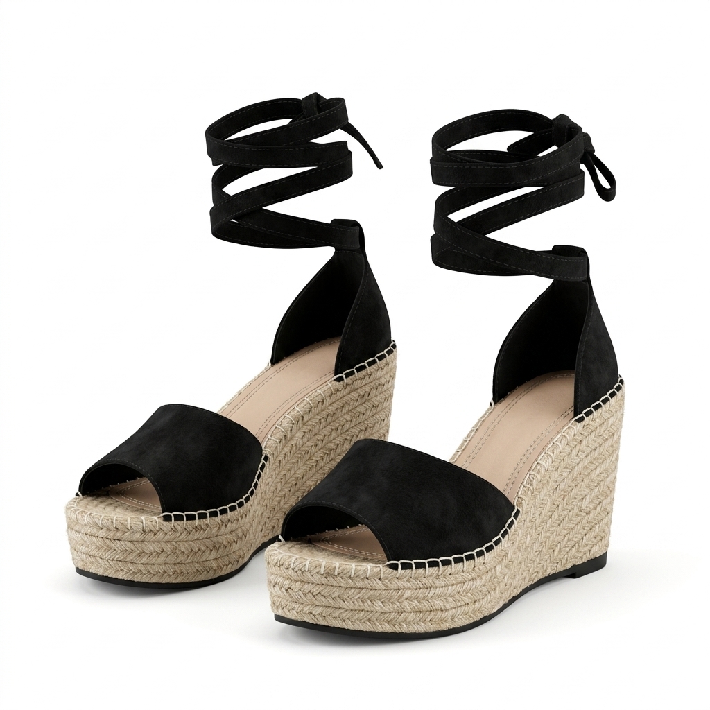 Women Black Espadrille Wedge Sandals