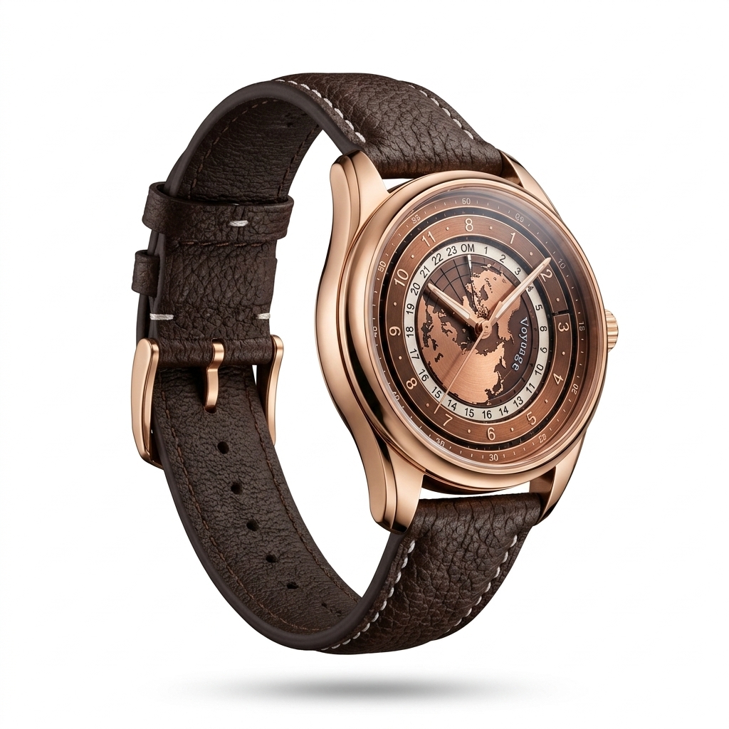 Men's Brown Leatherette World Map Watch