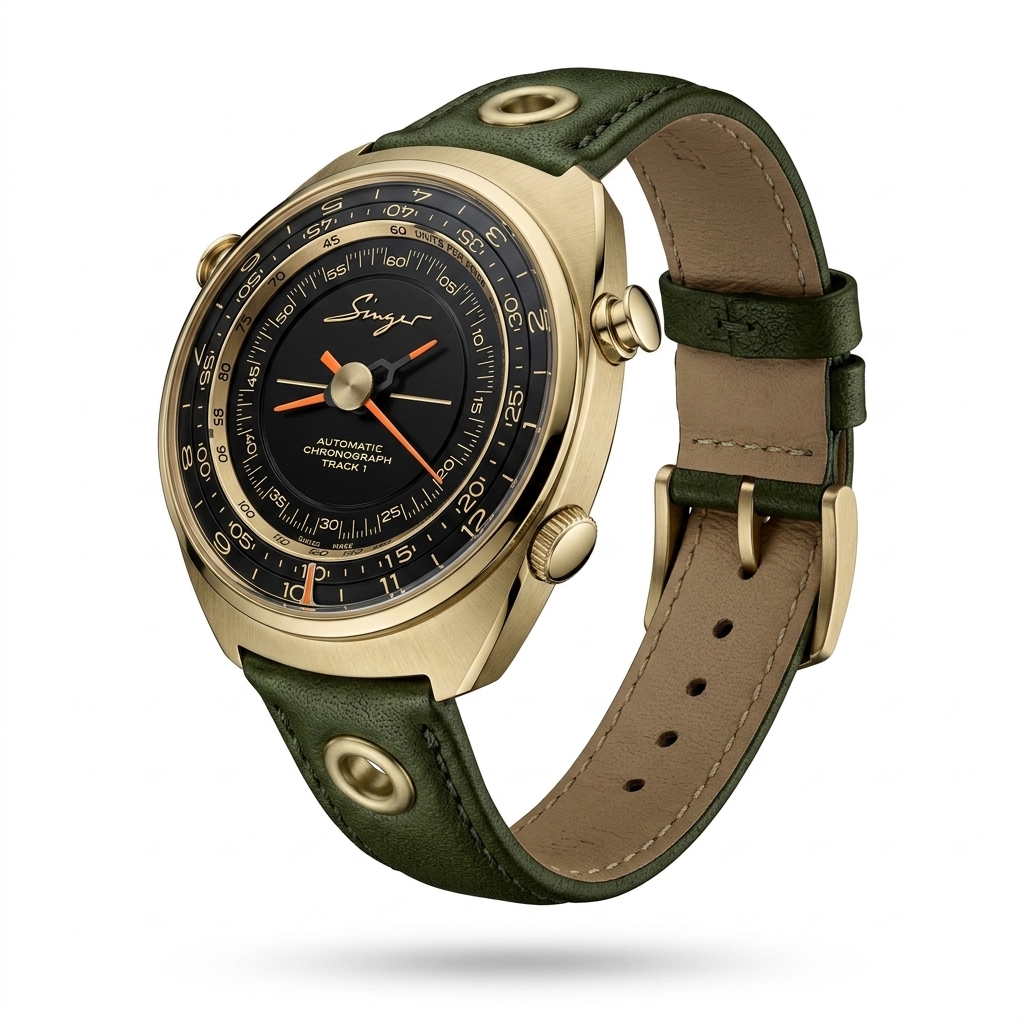 Stylish Men's Green Leather Gold Tone Automatic Watch