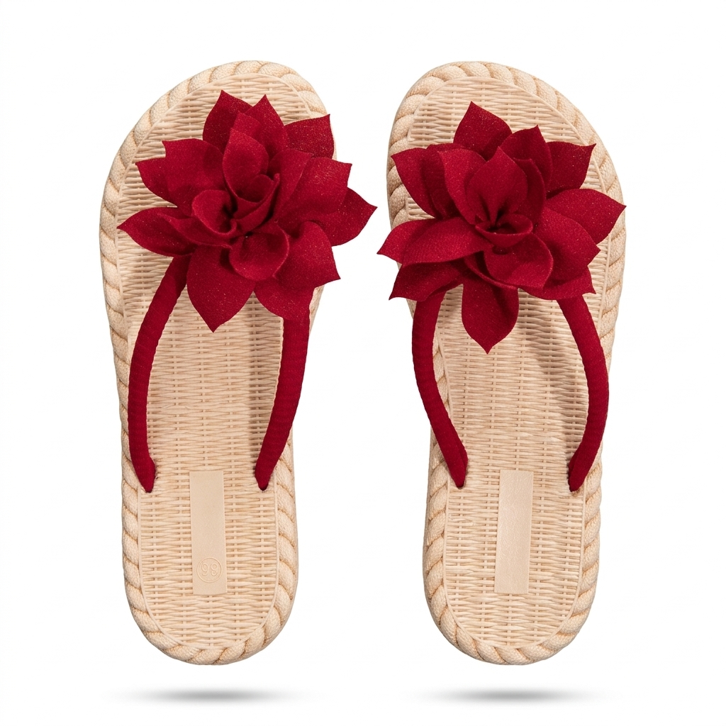 Red Floral Woven Slippers for Women