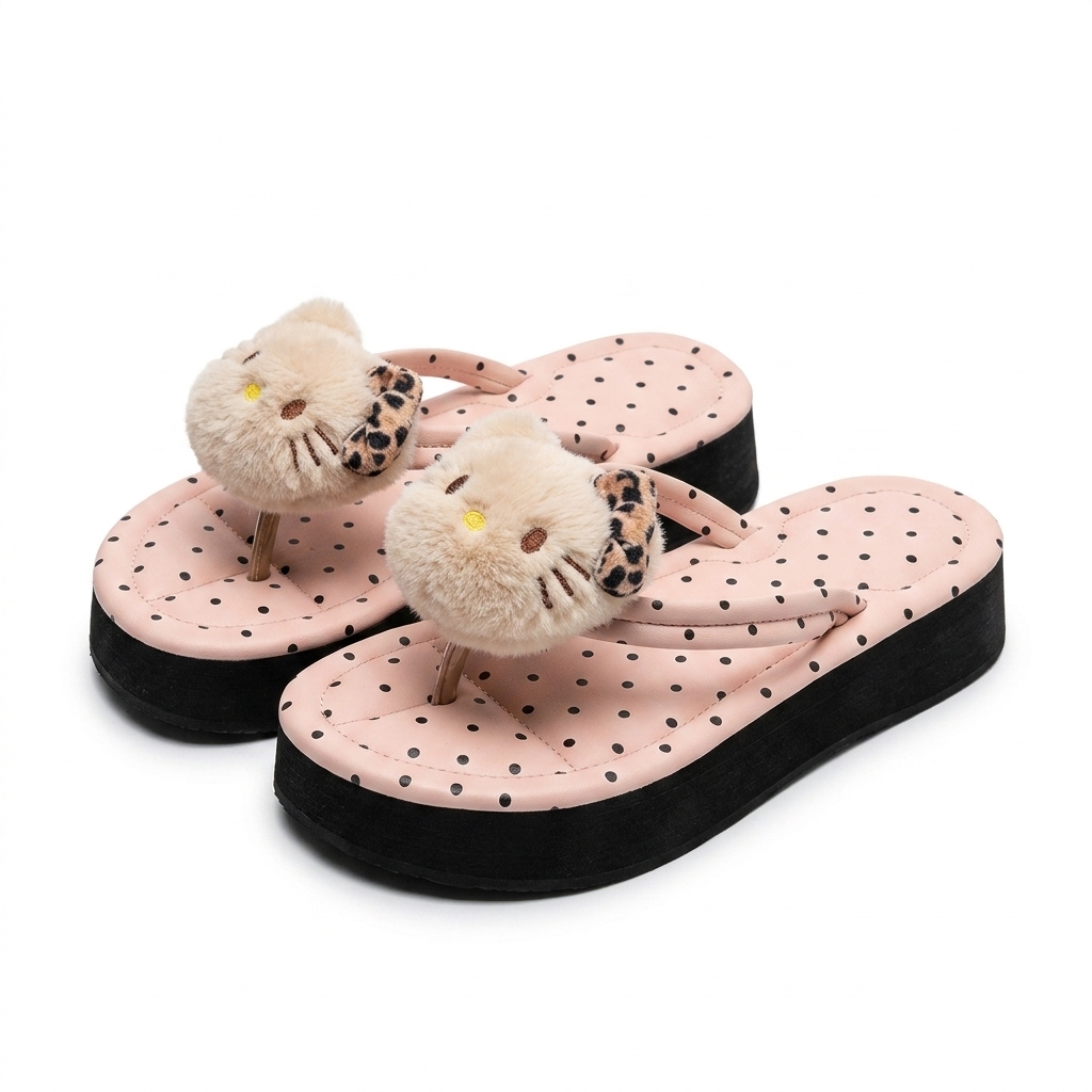 Pink Polka Dot Platform Flip-Flops with Cat