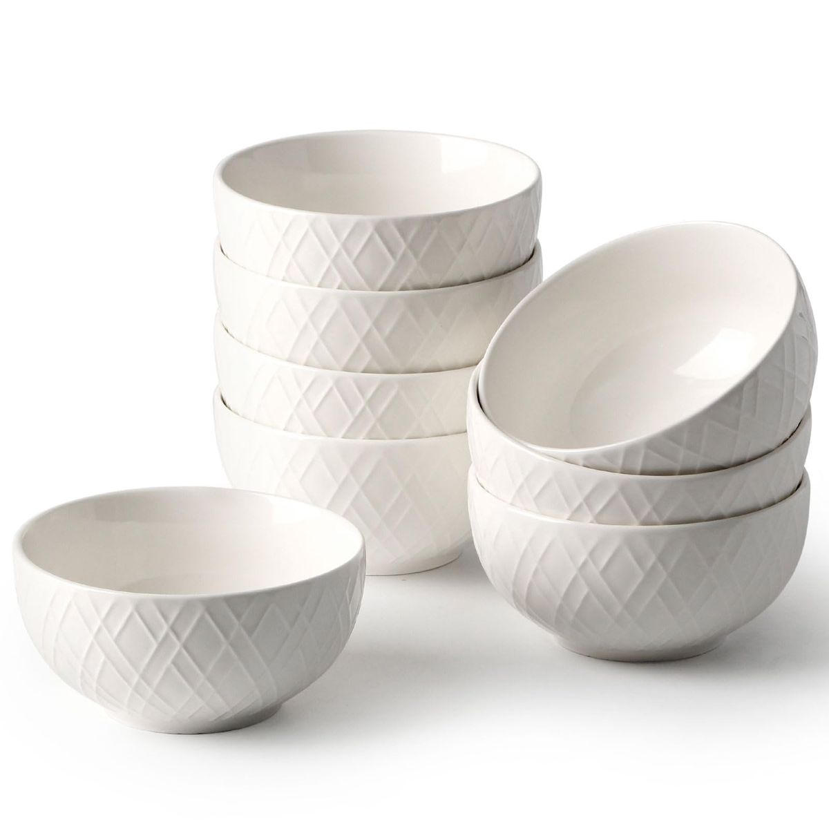Elegant Ceramic Bowls Set of 8 with Diamond Texture