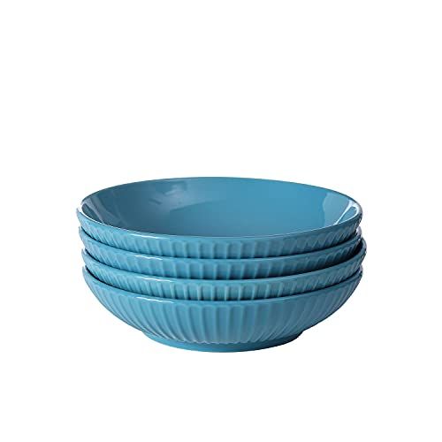 Ribbed Ceramic Soup Pasta Bowls Set of 4 Teal