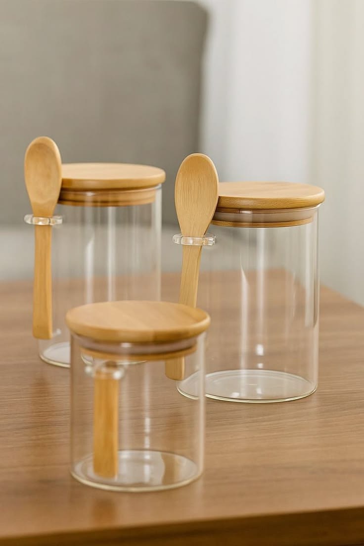 Glass Storage Jars with Spoon Set (3 Sizes) for Kitchen