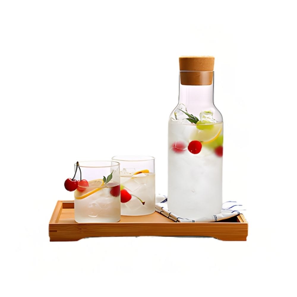 Glass Carafe Pitcher Set with 2 Glasses & Bamboo Tray