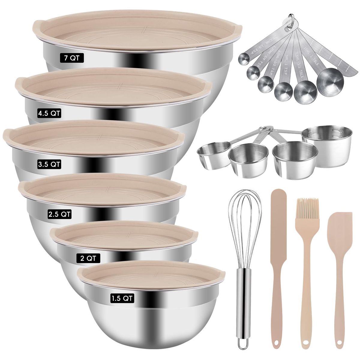 15-Piece SS Mixing Bowl Set with Lids & Utensils