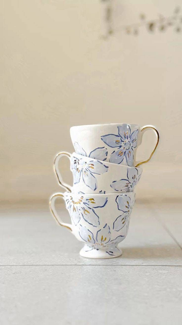 Hand-Painted Floral Ceramic Cups Set of 3