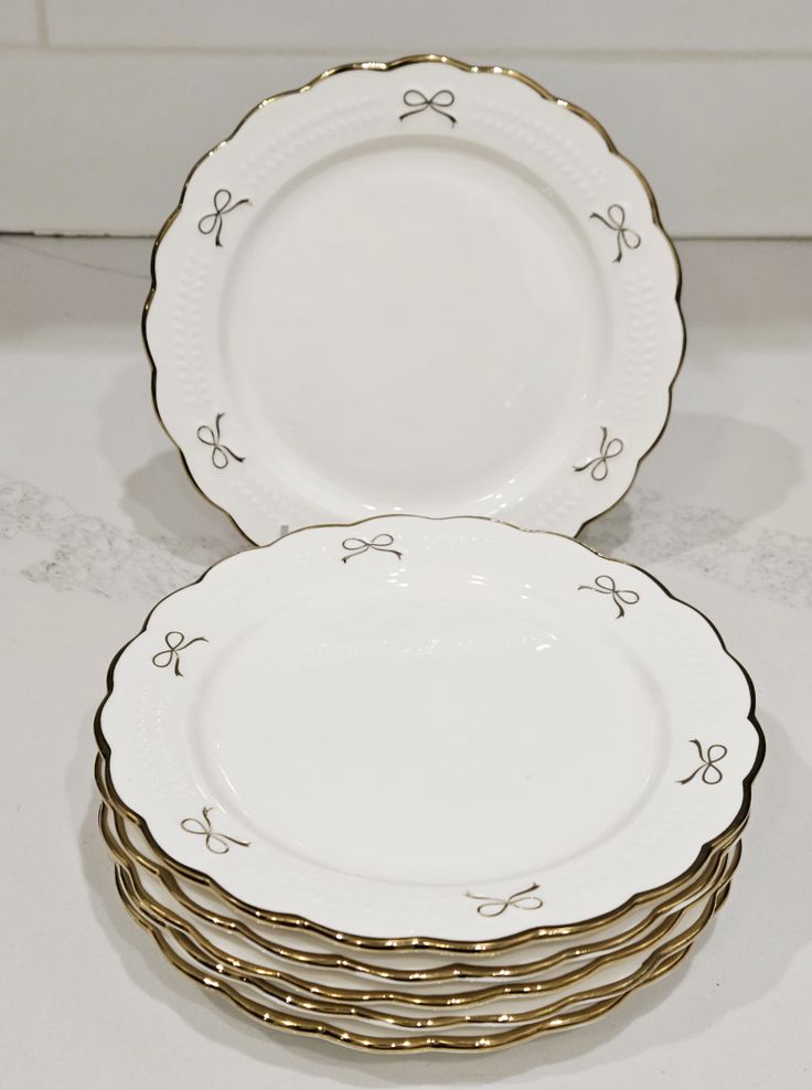White Gold Rim Bow Ceramic Plates Set of 6