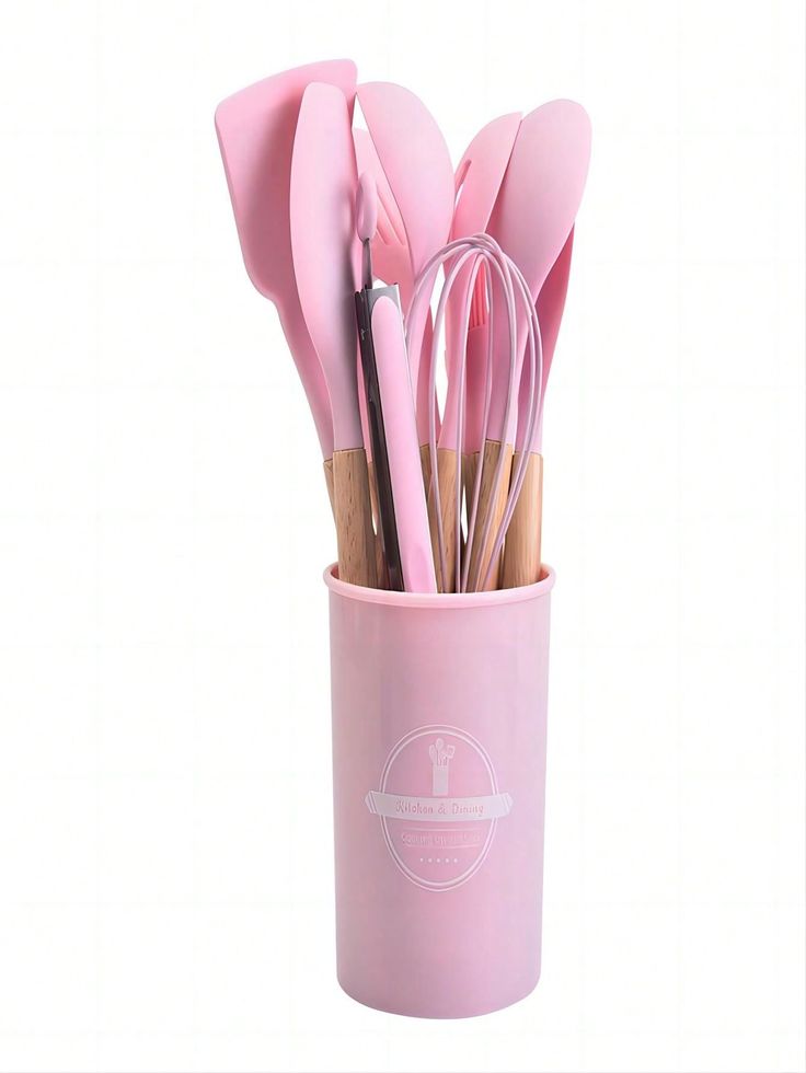 Pink Silicone & Wood Kitchen Utensil Set