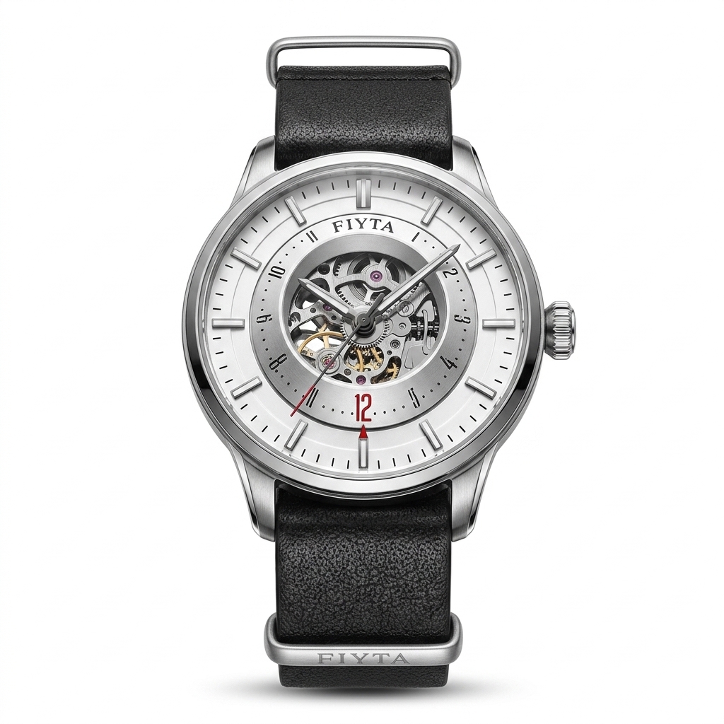 Men's Skeleton Dial Analog Watch Black Leather Strap