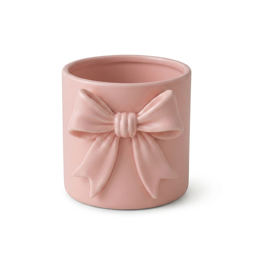 Pink Ceramic Bow Holder for Desk Decor