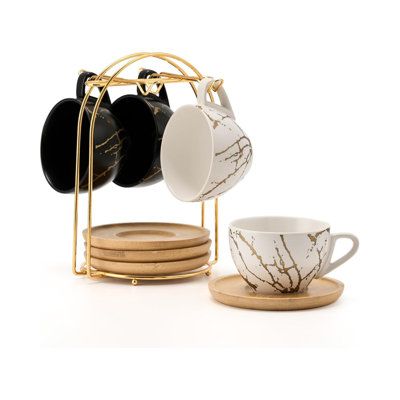 Marble Design Ceramic Coffee Tea Cup Set with Stand