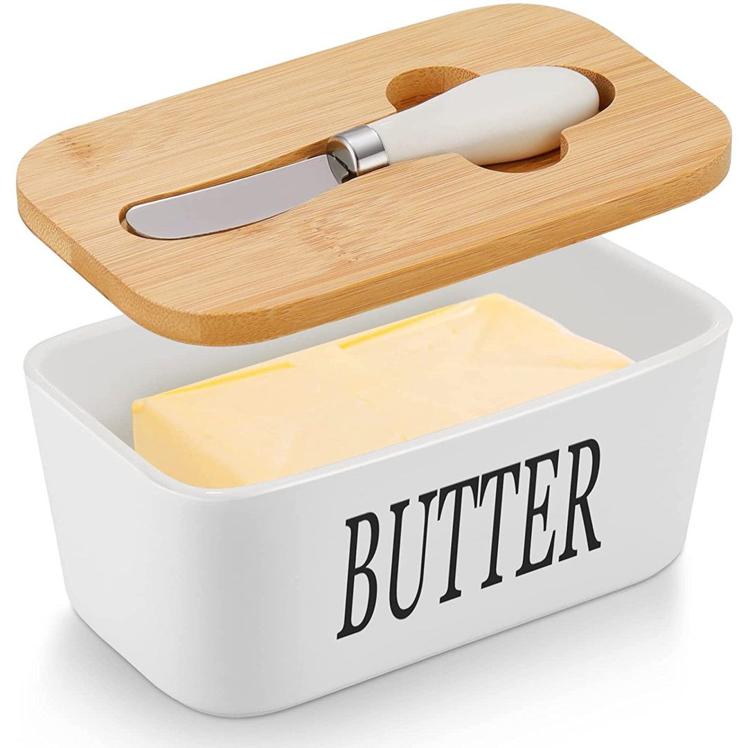 Ceramic Butter Dish with Bamboo Lid & Knife
