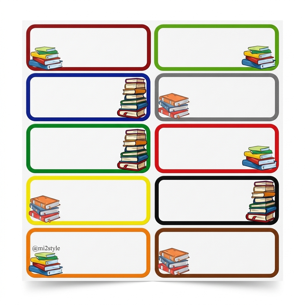 Multi-Color Book Theme Name Labels for School & Office