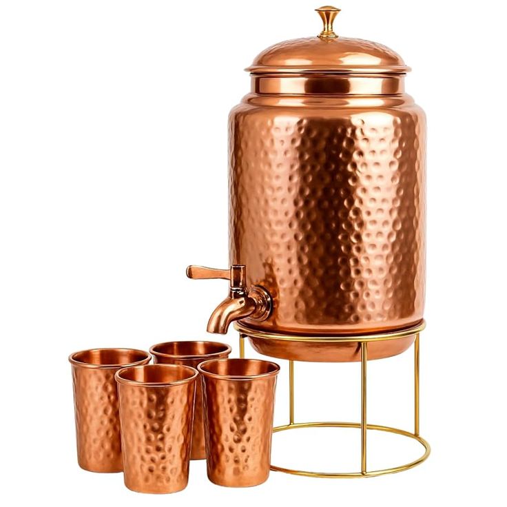 Hammered Copper Water Dispenser Pot Set with 4 Glasses