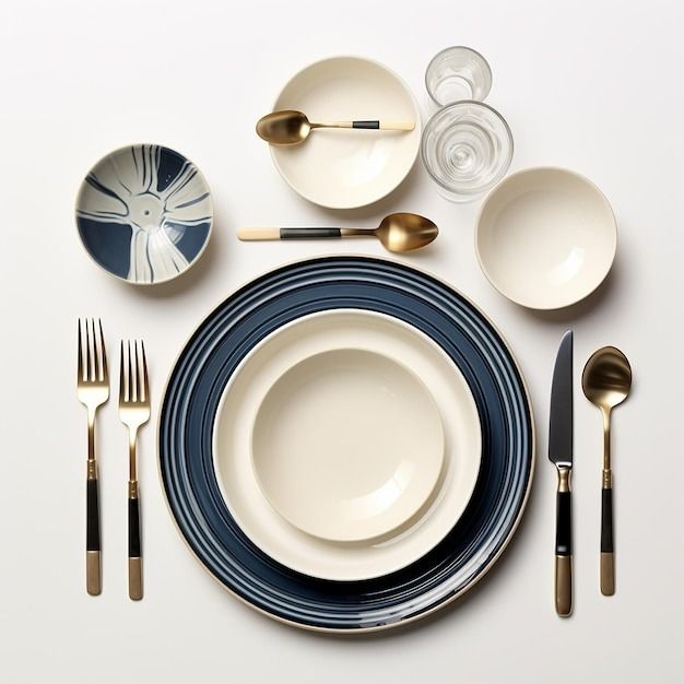 Ceramic Dinner Set with Gold Cutlery