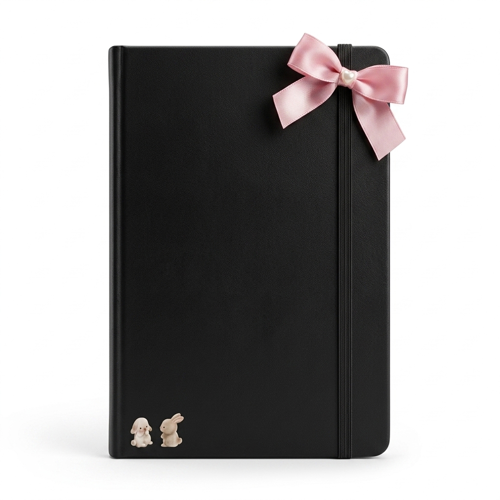 A5 Black Notebook Journal with Bunny Charm & Ribbon