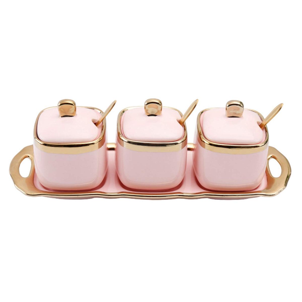 Pink Ceramic Condiment Jar Set with Tray