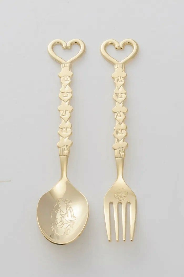 Gold-Tone Heart Design Dessert Spoon Fork Set