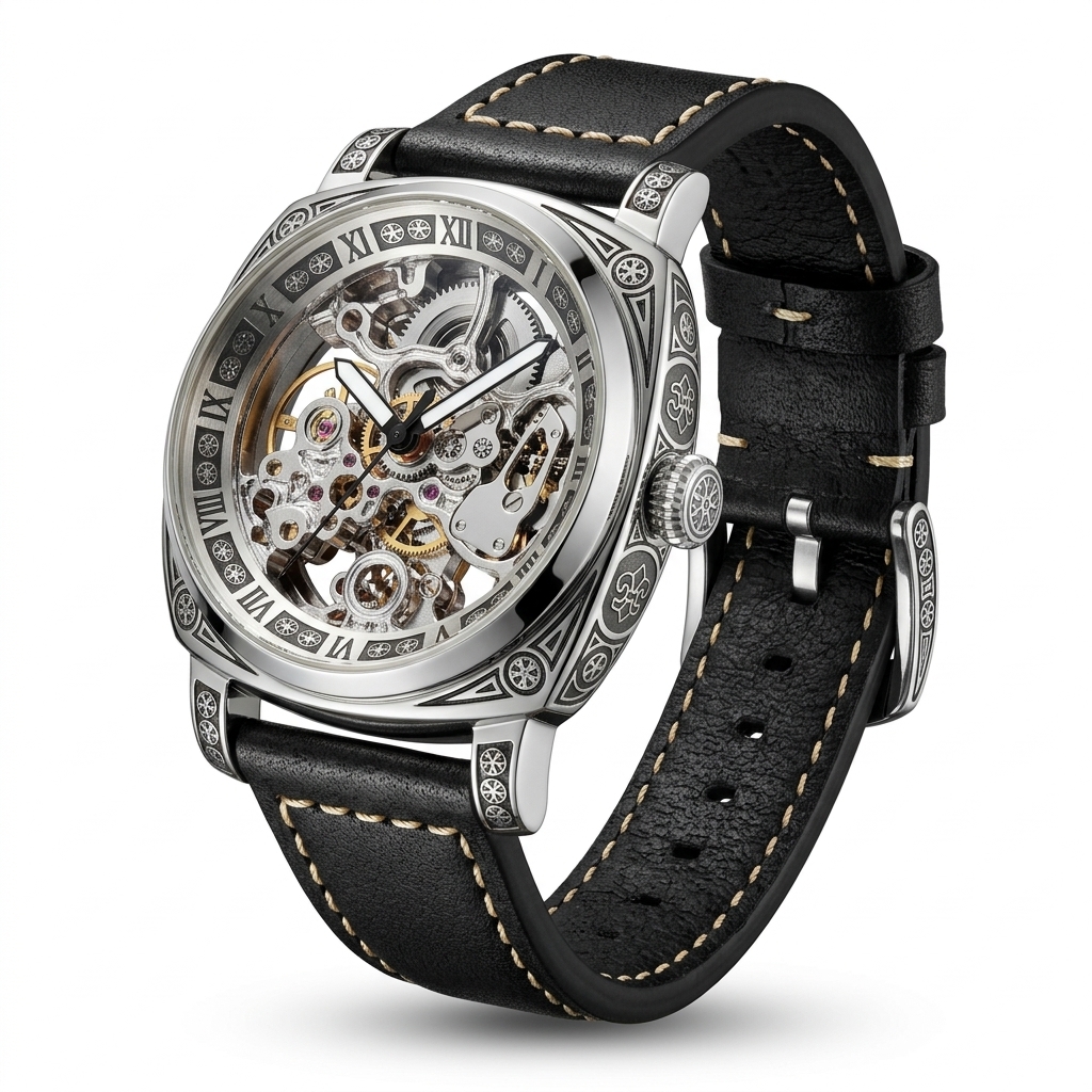 Men's Engraved Skeleton Mechanical Watch