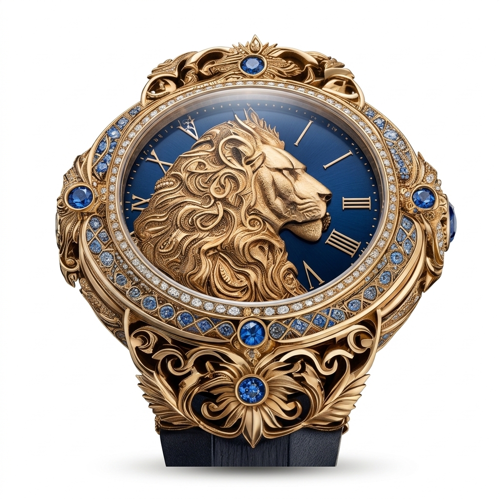 Luxury Gold Lion Head Watch with Blue Sapphires