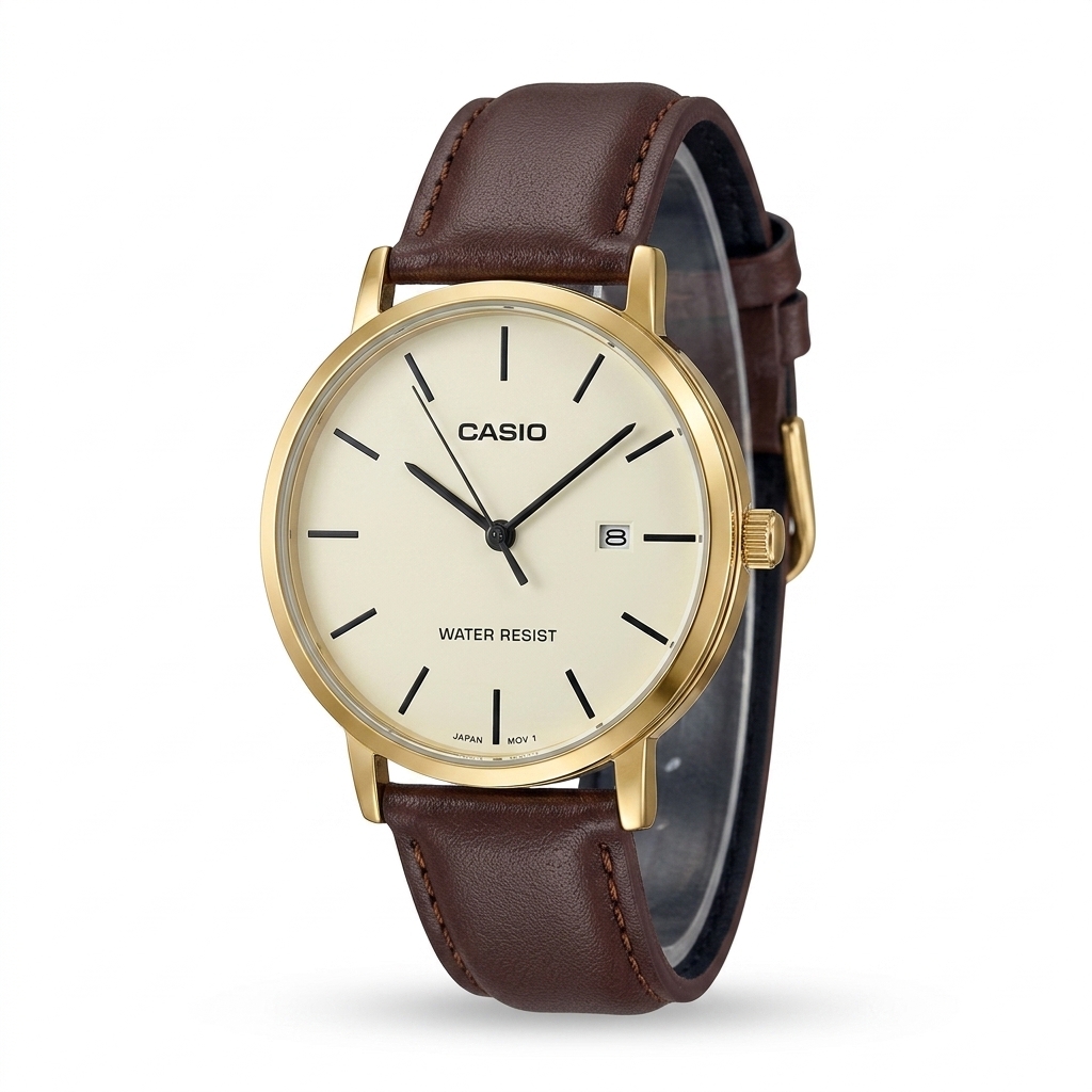 Casio Analog Men's Watch - Brown Leather & Gold
