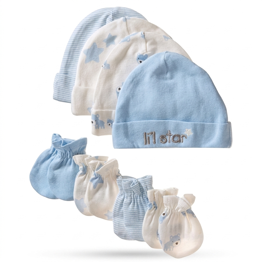 Baby Boy Cotton Beanie Hats & Mittens Set
