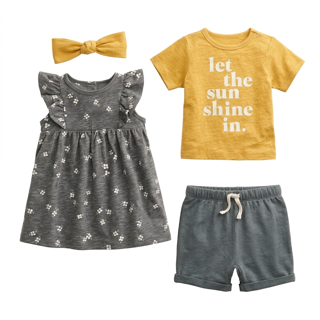 Baby Girl Summer Outfit Set | Dress, Tee, Shorts