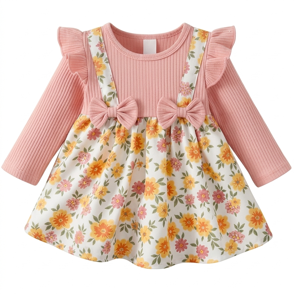 Baby Girls Ribbed Floral Dress with Bows