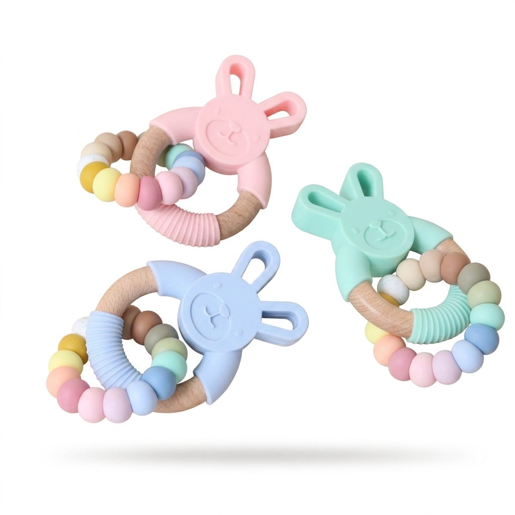 Pastel Bunny Baby Teethers | Silicone & Wood