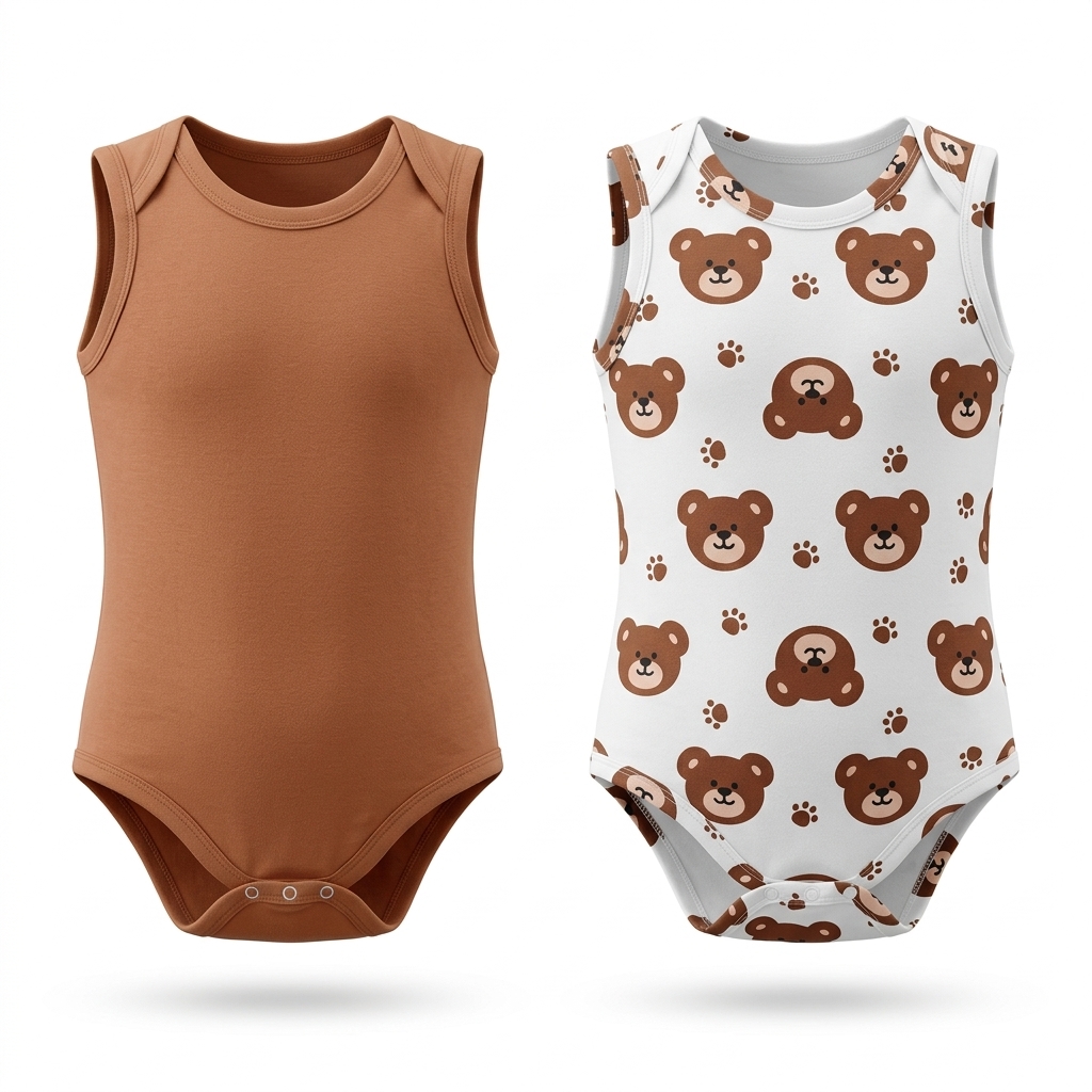 Baby Sleeveless Bodysuit Set | Teddy Bear Print & Solid
