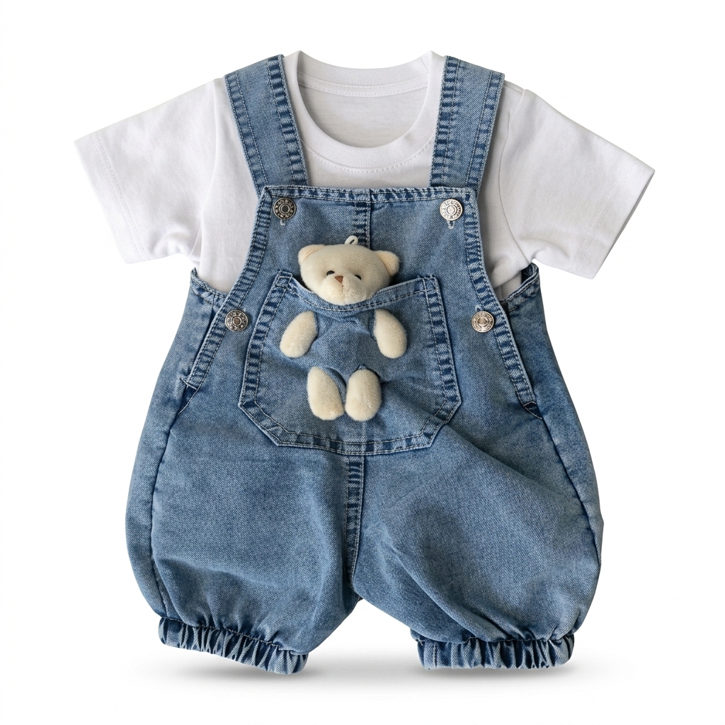 Baby Denim Overalls Set with Teddy Bear