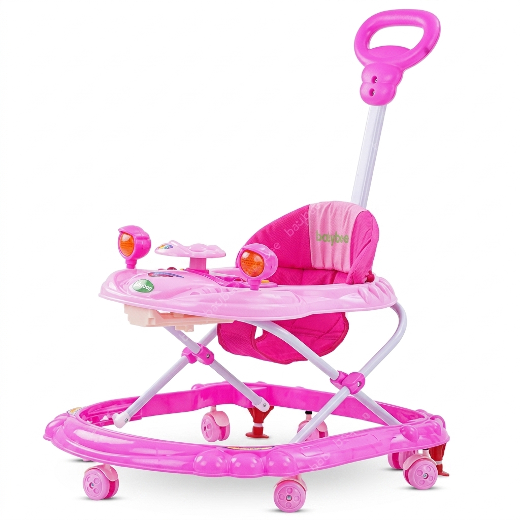 Pink Baby Walker with Music & Push Handle