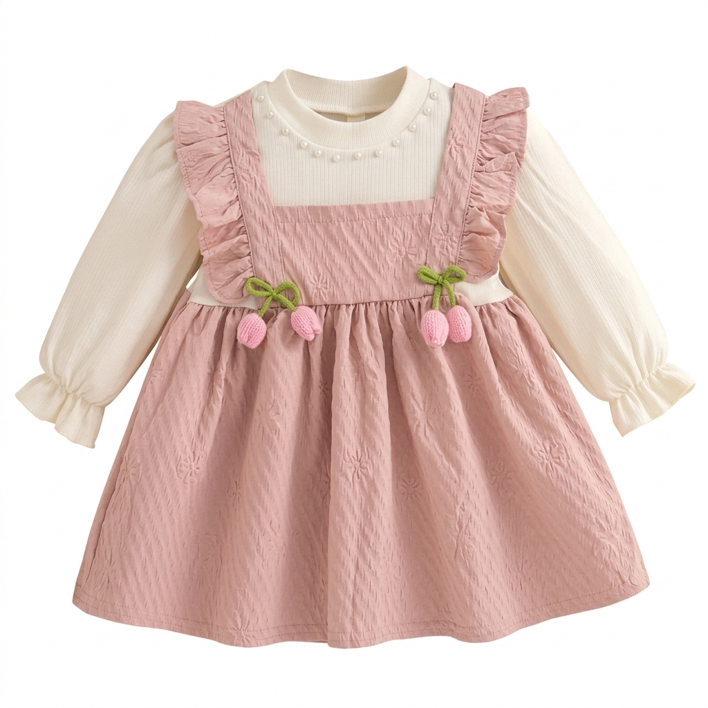 Baby Girls Pink Ruffled Pinafore Dress Set
