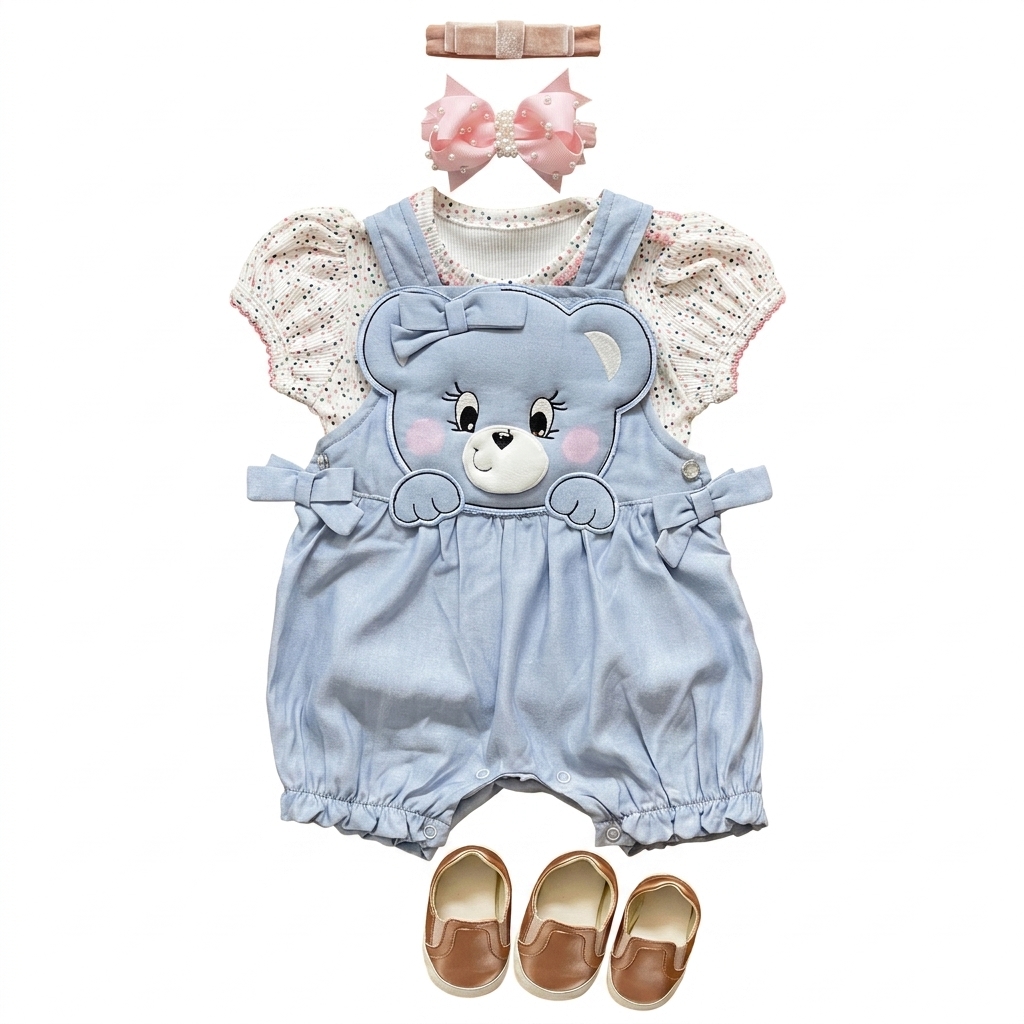 Cute Baby Girl Bear Denim Romper Outfit Set