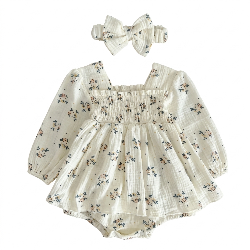 Baby Girl Floral Smocked Romper Dress & Headband