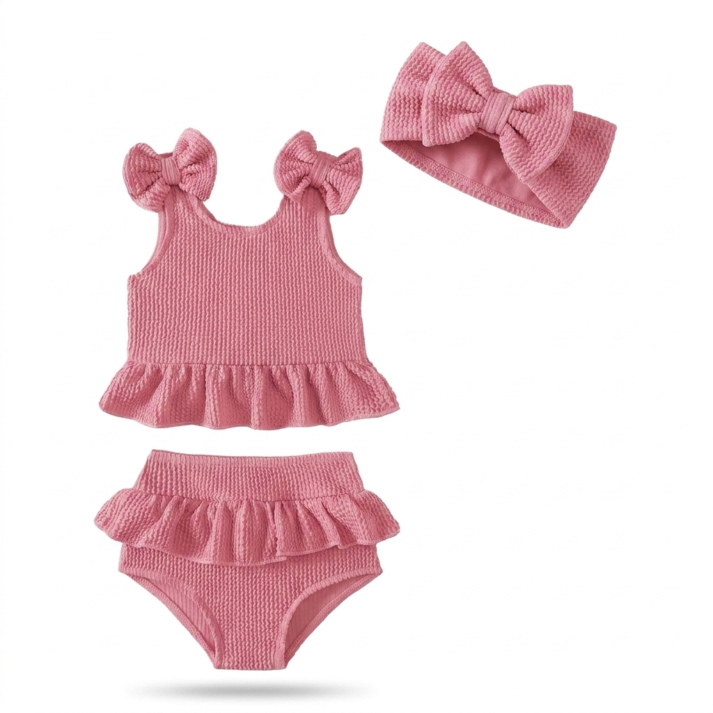 Baby Girl Pink Bow Ruffle Swimsuit & Headband