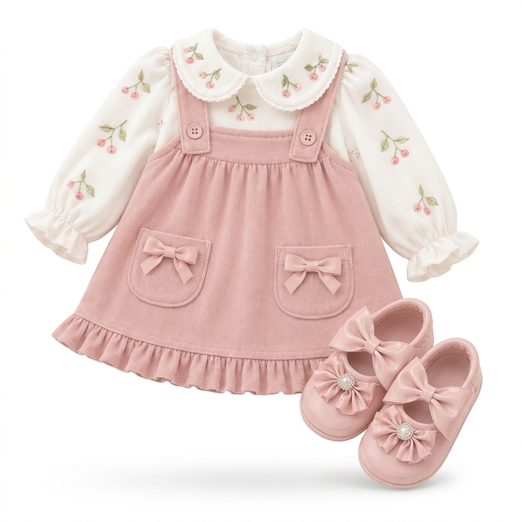 Baby Girl Cherry Corduroy Dress Set & Shoes