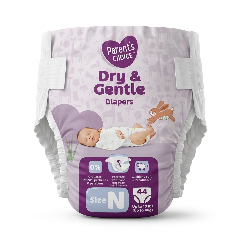 Parent's Choice Dry & Gentle Diapers Size N, 44 Count