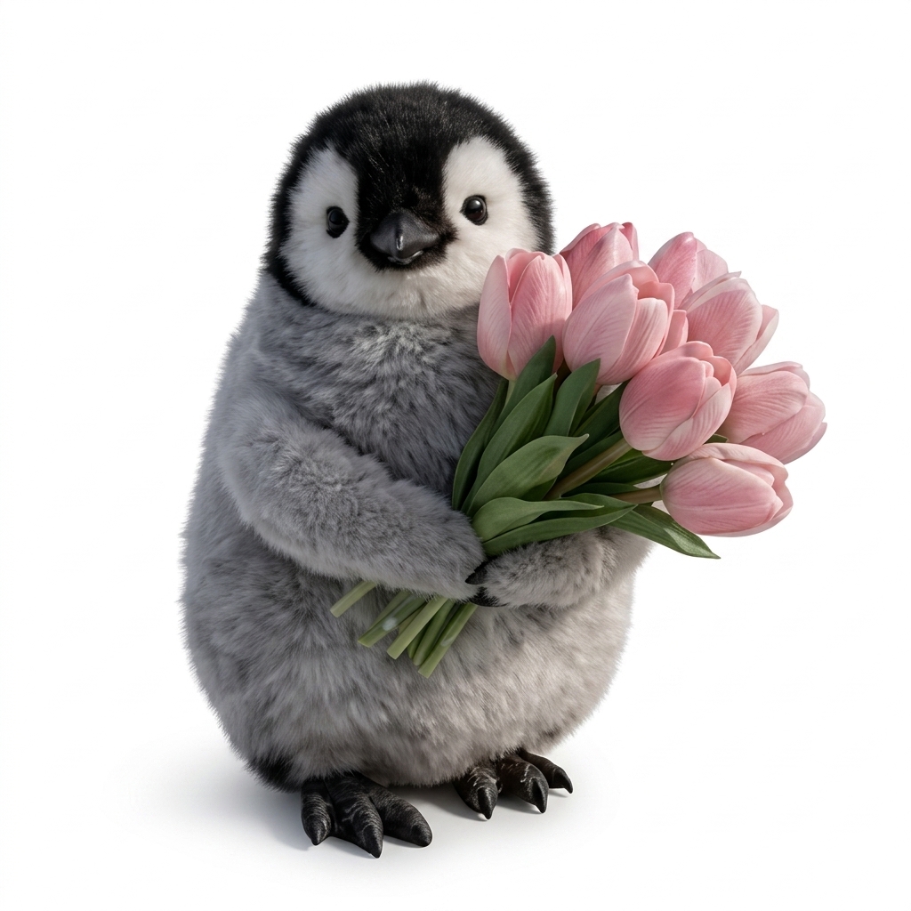Cute Penguin Plush Toy with Tulips