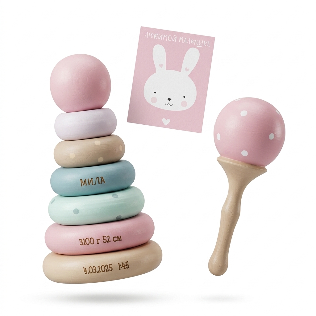 Personalized Wooden Baby Gift Set | Stacking Toy & Rattle