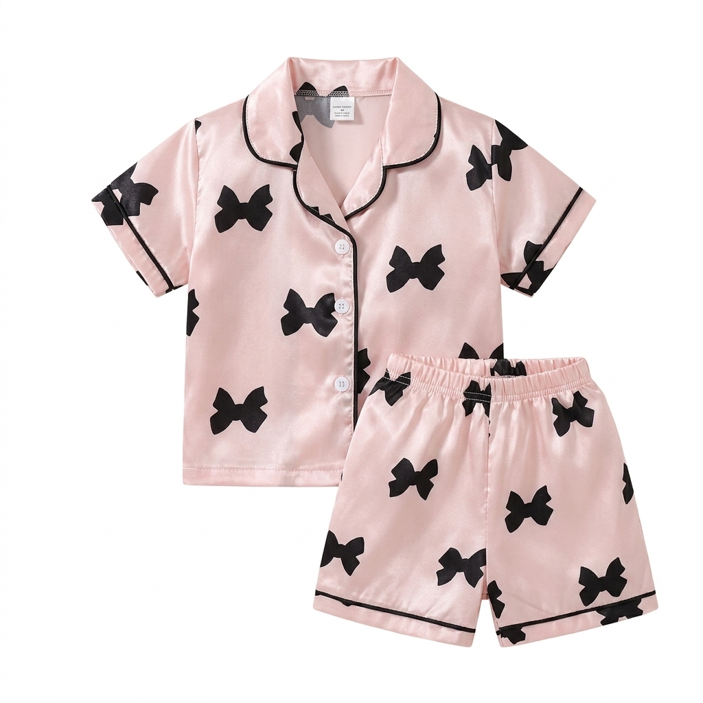 Kids Pink Satin Bow Print Pajama Set